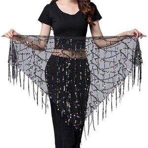 Black Sheer Sequin Belly Dance Hip Scarf – Sparkling Wrap Skirt with Fringe